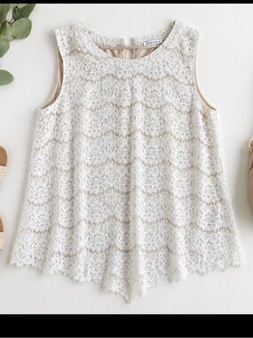 Rose + Olive Lace Blouse 2X White Sleeveless Sheer Floral Scalloped Hem
